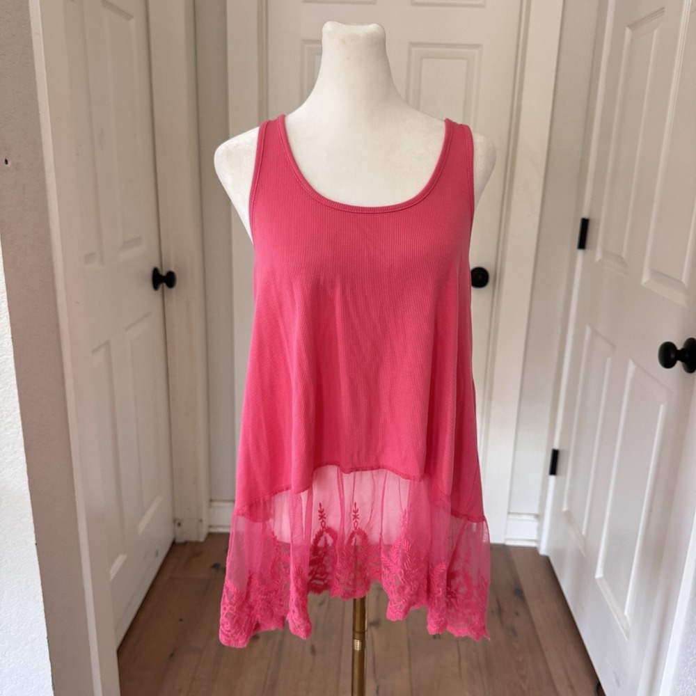 Umgee Sleeveless Lace Ribbed Tank Tunic Top Boho Shirt Hot Pink Womens Sz Small